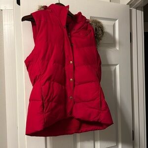 Banana Republic Red Puffer Vest w/ fur hood